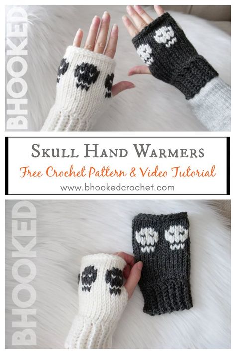 Skull Hand Warmers Free Crochet Pattern and Video Tutorial Crochet Skull Fingerless Gloves Free Pattern, Crochet Goth Free Pattern, Free Crow Crochet Pattern, Free Crochet Hand Warmers Pattern, Alt Crochet Patterns Free, Oddity Crochet, Hand Warmers Crochet Pattern, Crochet Hand Pattern, Crochet Hand Warmers Pattern