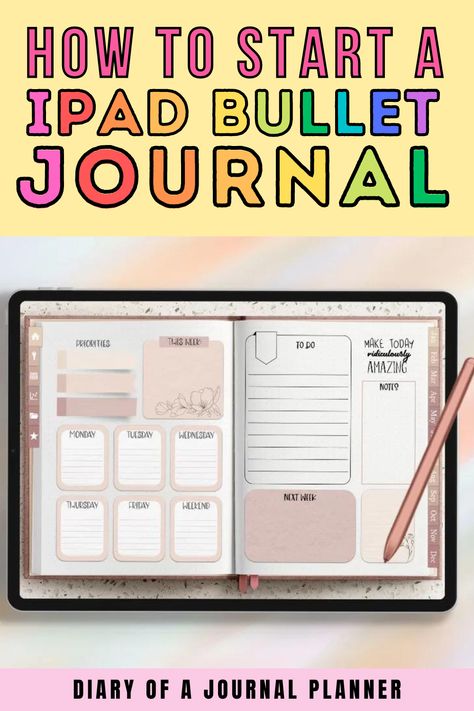 The ultimate guide to starting a digital bullet journal on your iPad! #digitaljournal #bulletjournal Organisation, Bullet Journal 1st Page, Journaling On Ipad, Ipad Bullet Journal, Online Bullet Journal, Ipad Layout Ideas, Digital Journal Aesthetic, Bullet Journal On Ipad, Bullet Journal App