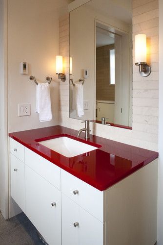 Unexpected Red Bathroom Accessories, Kids Bathroom Design, Teen Bathrooms, Bathroom Containers, Resin Countertops, Red Bathroom, New Toilet, Countertop Design, Bathroom Red