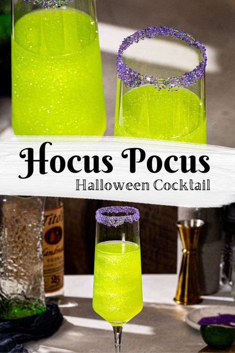 Close up of sparkly green Hocus Pocus cocktails in Champagne flutes with purple sugar rim at the top. Text underneath says "Hocus Pocus halloween cocktail", and below that is a pulled back shot showing the Halloween cocktail along with some ingredients and bar tools in the background. Edible Glitter Drinks Halloween, Edible Glitter Cocktails, Hocus Pocus Drink, Glitter Cocktails, Screwdriver Cocktail, Cocktail With Vodka, Purple Champagne, Halloween Cocktail Recipes, Halloween Drinks Alcohol