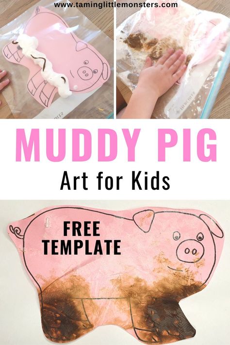 Muddy pig art for kids. A fun process art activity for toddlers and preschoolers. Perfect for farm themed lesson plans. #farm #artsandcrafts #toddlers #preschool #processart Farm Themed Sensory Activities, Farm Provocations Preschool, Pandas, Pig Fine Motor Activities, Gross Motor Farm Activities, Farm Themed Fine Motor Activities, The Farm Theme Preschool, Muddy Pigs Preschool, Pig In Mud Craft