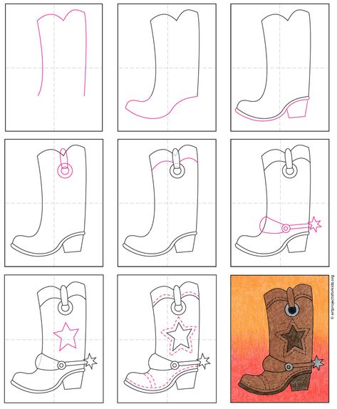 Draw a Cowboy Boot · Art Projects for Kids How To Draw A Cowboy Boot Step By Step, Easy Western Drawings For Beginners, How To Draw Cowboy Boots Step By Step, Rodeo Drawings Easy, Cowboy Boot Painting On Canvas Easy, How To Draw A Cowboy Boot, How To Draw Cowboy Boots, Rodeo Art Ideas, Draw Cowboy Boots