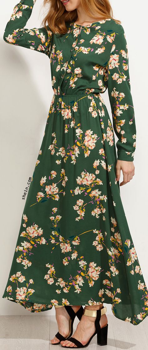 Green Blossom Print Buttoned Front Dress Long Sleeve Bohemian Wedding Dress, Button Front Maxi Dress, Dress Hijab, Blossom Print, Green Maxi, Bohemian Wedding Dress, Vestidos Vintage, Inspiration Mode, Loose Outfit