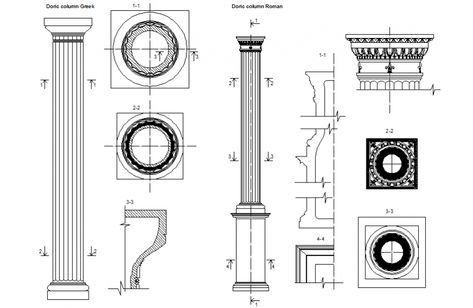 Doric greek column and roman column elevation and section details dwg file Elevation Details, Elevation Architecture, Column Detail, Column Structure, Round Column, Architectural Columns, Beam Structure, Doric Column, Greek Columns