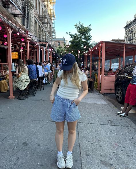 a little bit of life lately 💞 #nyc #ootd #summeroutfit Pinstripe Shorts Outfit Summer, Striped Blue Shorts Outfit, Scandi Shorts Outfit, Mini Shorts Outfit Aesthetic, Checkered Boxers Outfit, White Boxer Shorts Outfit, How To Style Boxer Shorts, Blue Boxer Shorts Outfit, Striped Linen Shorts Outfit
