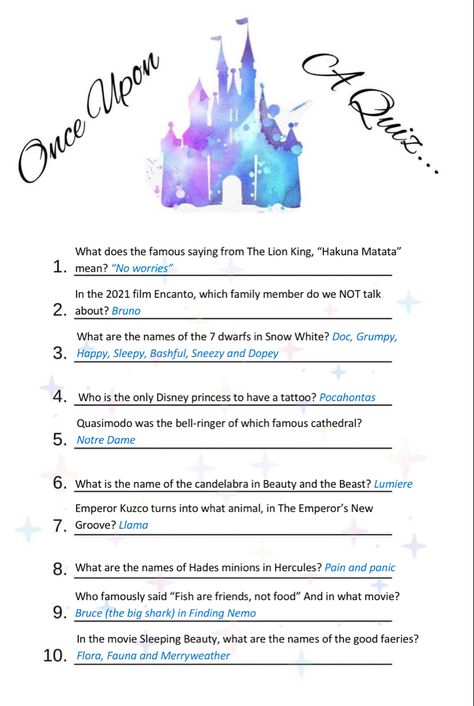 Disney Party Games For Adults, Movie Quiz Questions And Answers, Disney Quiz Questions And Answers, Cousin Games, Disney Trivia Questions And Answers, Family Quiz Questions, Movie Quiz Questions, Facial Party, Literacy Night Activities