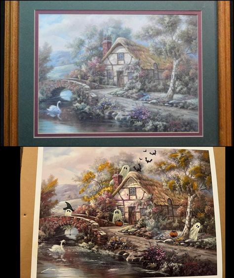 Halloween House Painting Easy, Upcycling, Halloween Goodwill Painting, Painting Halloween On Thrifted Art, Goodwill Spooky Painting, Repurposed Thrift Store Art, Thrifted Painting Halloween, Thrift Store Halloween Pictures, Halloween Picture Painting Ideas