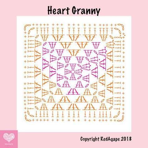 Crochet Heart Granny pattern diagram by RedAgape. Crochet Heart Graph, Crochet Blanket Heart, Heart Granny Square, Crochet Heart Blanket, Heart Square, Granny Square Crochet Patterns, Granny Square Crochet Patterns Free, Crochet Heart Pattern, Mode Crochet