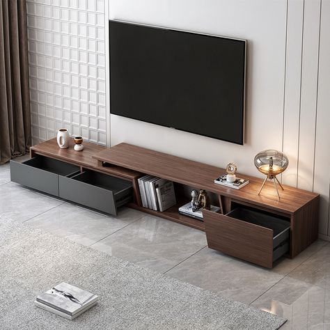 This wood TV stand streamlines your living room or bedroom with a sleek, modern design and plenty of storage. The retractable design fits 65 inch TVs and larger. It has removable 3 drawers and open storage cabinets for displaying books and decorative items, making your home more tidy and orderly. Book Tv Stand, What To Put Under Large Mounted Tv, Entertainment Center Under Mounted Tv, Under Projector Screen Storage, Living Room Sound System Ideas, Entertainment Stand Ideas, Bedroom Tv Wall Ideas Modern, Low Tv Stand Decor Living Room, Tv Storage Ideas