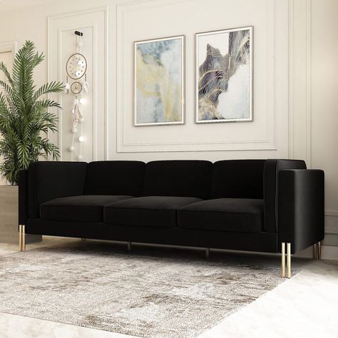 Kos, Black Couch Living Room Decor, Black Couch Living Room, Green Sofas, Black Velvet Sofa, Modern Velvet Sofa, Best Amazon Finds, Black Couches, Glam Design