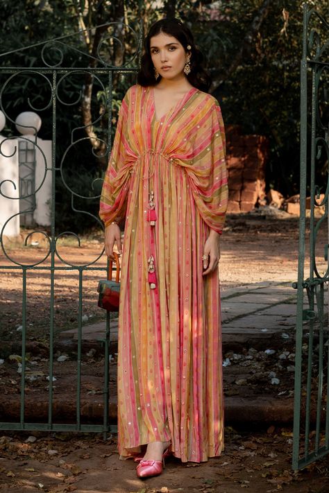 Buy Paulmi and Harsh Multi Color Crepe Vintage Striped Pattern Kaftan Online | Aza Fashions Couture, Kimonos, Resham Work Embroidery, Paulmi And Harsh, Kaftan Set, Kaftan Pattern, 1950’s Fashion, Kaftan Designs, Resham Work