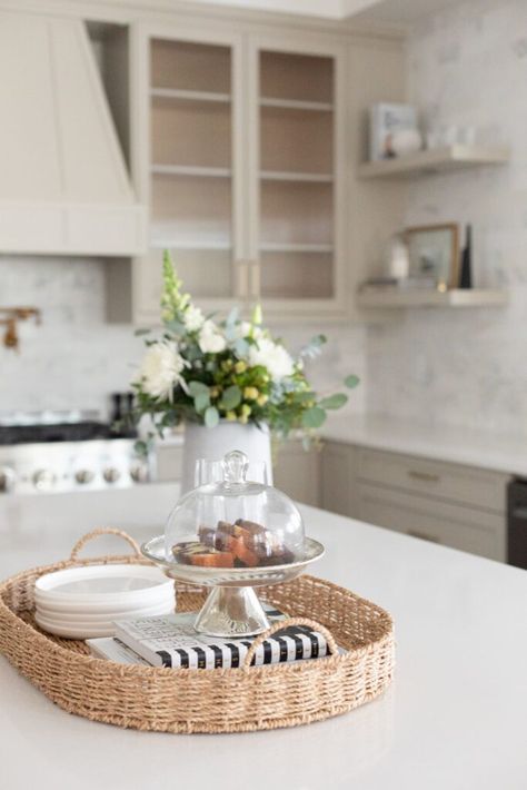 29 Kitchen Island Decor Tray Ideas That Are Cozy & Stunning - SK Breakfast Island Decor, Kitchen Island Decor Simple, Counter Tray Kitchen, Kitchen Island Cake Stand Decor, Countertop Tray Decor, Modern Island Decor, How To Style Kitchen Island, Island Decor Ideas Kitchen, Island Table Decor