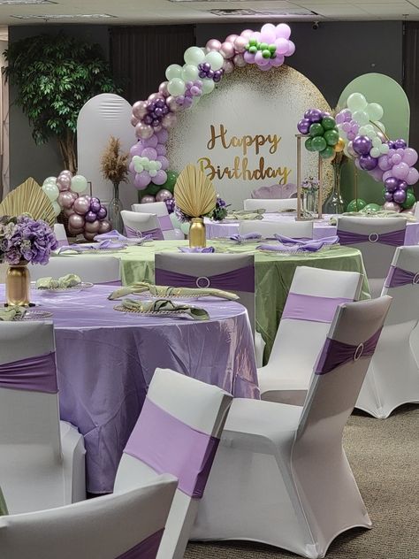 Purple And Gold Debut Theme, Purple And Lilac Party Decor, Purple Green And Gold Birthday Party, Quinceanera Themes Purple And Gold, Purple And Green Reception Decor, Lilac And Green Birthday Party Ideas, Lavender And Sage Party Decor, White And Purple Sweet 16, Green And Purple Quinceanera Theme