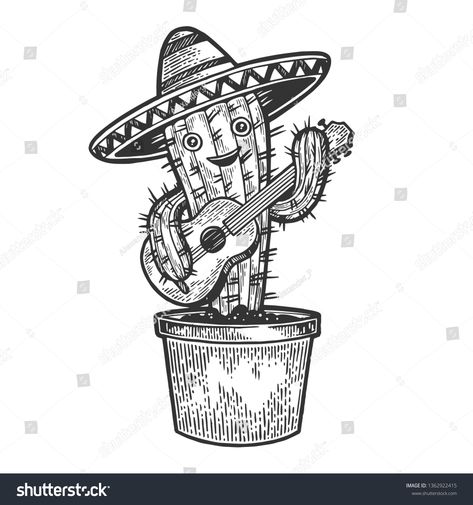 Cartoon mexican cactus character with guitar and sombrero engraving sketch vector illustration. Scratch board style imitation. Black and white hand drawn image. #Ad , #AFFILIATE, #engraving#sombrero#vector#sketch Mexico, Cactus With Sombrero Tattoo, Character With Guitar, Sombrero Drawing, Sombrero Tattoo, Cartoon Mexican, Cactus Character, Amber Tattoo, Hat Sketch