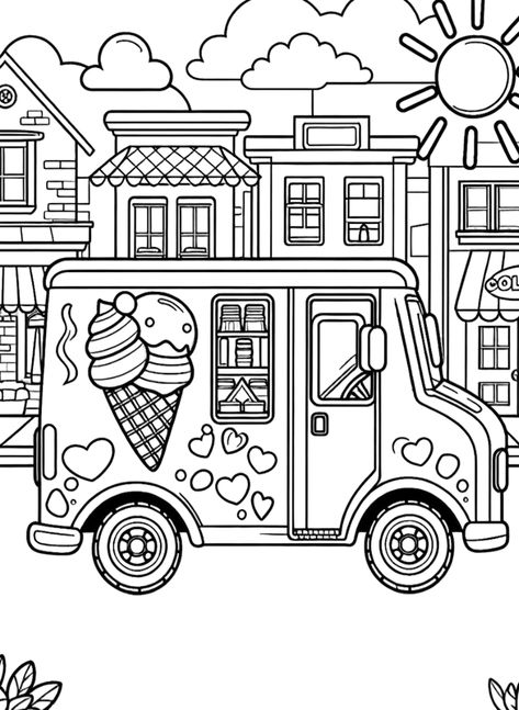 Ice Cream Truck Coloring Page Ice Cream Truck Drawing, Printable Ice Cream, Ice Cream Coloring Pages, Truck Crafts, Truck Coloring Pages, Ice Cream Truck, Free Coloring Pages, Coloring Page, Easy Drawings
