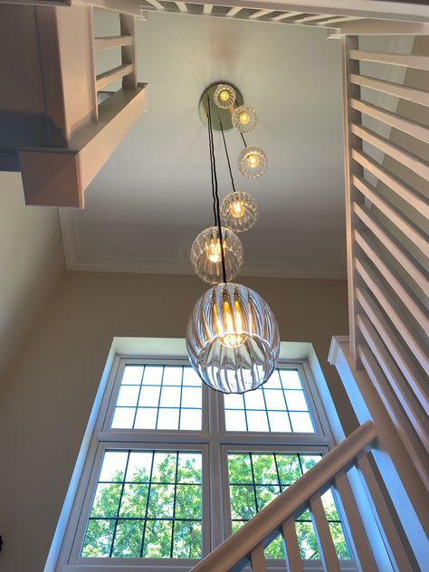 Pendant Over Stairs, Vintage Stairwell Lighting, Hanging Light Over Staircase, Light At Bottom Of Stairs, Stairway Landing Light Fixture, Above Stairs Light Fixture, Stairs Hanging Light, Stair Ceiling Lighting Ideas, Landing Pendant Lighting