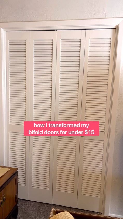 How To Turn Bifold Doors Into Sliding Doors, Black Folding Closet Doors, Cover Ugly Closet Doors, Mirror Bifold Door Makeover, Kitchen Closet Door Ideas, Replace Bifold Closet Doors Ideas, Update Old Closet Doors, Diy Closet Door Upgrade, Laundry Closet With Bifold Doors