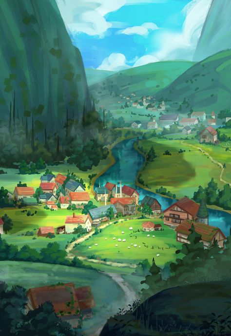 ArtStation - Study background - Switzerland's landscape, Diep Bui Switzerland Painting Wallpaper, Anime Village Background, City Landscape Drawing, City Landscape Illustration, Switzerland Illustration, Background Village, Landscape Animation, 2d Landscape, Village Illustration