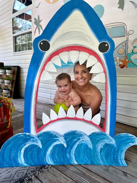 Shark photo prop birthday declr Shark Photo Prop, Under Sea Birthday, Surfer Birthday Party, Shark Crafts Preschool, Surfer Birthday, Underwater Birthday, Shark Birthday Cakes, Shark Party Decorations, Under The Sea Decorations