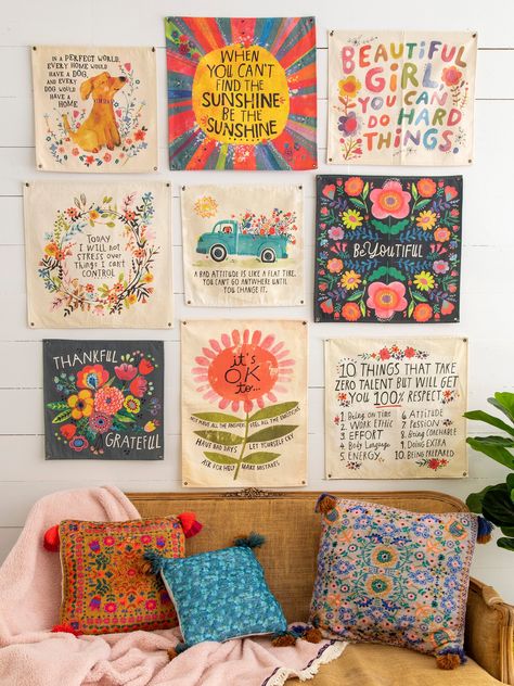 Cute Wall Hangings Quotes, Mini Canvas Wall Decor, Fun Wall Art Living Room, Tapestry Wall Decor, Colorful Wall Art Bedroom, How To Hang Canvas On Wall, Wall Hanging Quotes Diy, Bright Tapestry, Wall Hanging Painting