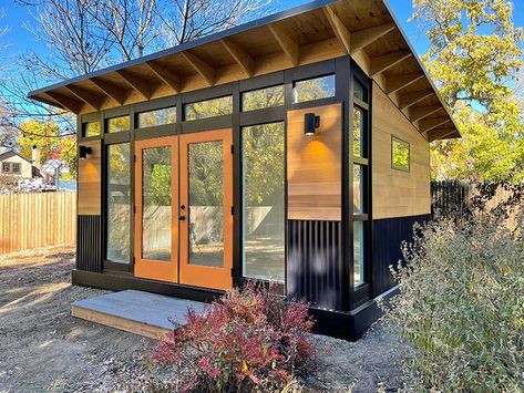 Backyard Studio Plans, Outdoor Office Shed Backyard Studio, Studio Shed Interior, Backyard Studio Guest Houses, Backyard Casita, Modern Shed Design, Modern Sheds, Office Addition, Shed Guest House