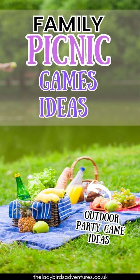 Picnic basket filled with food. Text reads  family picnic games ideas, outdoor party games ideas Picnic Games Ideas, Fun Picnic Games, Picnic Games For Kids, Family Picnic Games, Food Games For Kids, Family Reunion Ideas, Outdoor Games To Play, Preschool Family, Picnic Activities