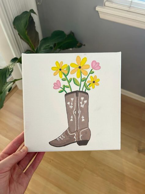 cowboy boot | flowers | painting | summer | canvas idea Cowboy Boots, Simple Western Paintings, Cowboy Boot Flowers, Cute Things To Paint, Painting Summer, Western Paintings, Flowers Painting, Cowboy Boot, Flower Painting