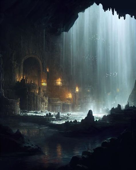 Oknice Art on Instagram: "Cavern Stronghold - hear the war horns and drums coming from deep within the stronghold - #photoshop #photobash #mattepainting #midjourney #digitalart #digitalpainting #procreate #painting #conceptart #illustration #conceptdesign #environments #adventure #explore #fantasy #fantasyart #fantasypainting #mood #cavern #cave #colony #mountain #waterfall #lake #pond #ruins #architecture #lost #nature #lotr" Stronghold Fantasy Art, Cave World Fantasy Art, Underwater Cavern Fantasy Art, Fantasy Cavern Art, Fantasy Cave Village, Fantasy Crypt Art, Sea Cave Fantasy Art, Waterfall Cave Fantasy Art, Ice Cave Fantasy Art