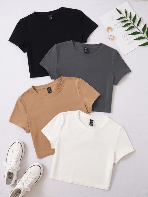 4pack Solid Crop Tee | SHEIN USA Pakaian Crop Top, Straight Leggings, Best Casual Shirts, Headshots Women, Long Sleeve Wrap Top, Fashion Top Outfits, Denim Crop Top, Crop Top Tees, Clothing Photography