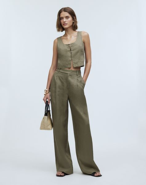 The April Ballet Flat Mule | Madewell Green Linen Trousers, Linen Pants Suit, Linen Pants Outfit, Pant Suits For Women, Linen Suit, Green Pants, Madewell Denim, Womens Loungewear, Linen Pants