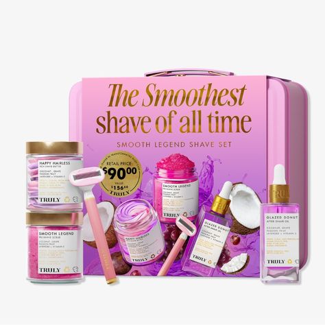 $90.00 Kit Price ($157 Value) Get The Smoothest Shave Ever! Truly's Smooth Legend Shave Kit Features A Pre-Shave Scrub, Shave Butter, After Shave Oil, And Magnetic Razor For A Silky Smooth, Long-Lasting Shave Without Painful Nicks And Ingrowns. All Wrapped Up In A Luxe Pink Lunchbox! $90.00 Kit Price ($157 Value) Includes: Smooth Legend Shave Scrub 4 Oz. Happy Hairless Shave Butter 1.3 Oz. Glazed Donut Shave Oil 3.1 Oz. Life Shaver Starter Razor From A Smoke Free Home Quick Shipping Love To Do B After Shave Oil, Shave Oil, Shave Butter, Bath Body Works Candles, Glazed Donut, Shaving Oil, Shaving Set, Smooth Shave, Body Hair Removal