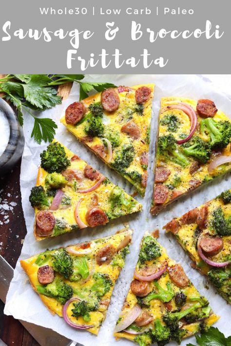Made with sugar-free sausage and eggs, this frittata is full of healthy protein, and I packed it full of healthy veggies, too! My kids went a little berserk when we sat down to eat it! #cookathomemom #whole30recipes Broccoli And Eggs, Whole30 Sausage, Broccoli Frittata, Onion Frittata, Sausage Broccoli, Breakfast Sausage Links, Snacks Under 100 Calories, Prep Breakfast, Healthy Sweet Snacks