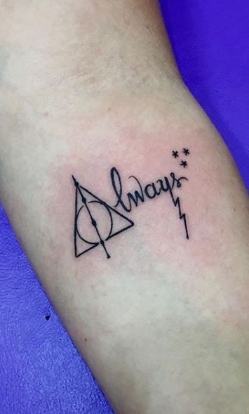 Discover the magic of these captivating Harry Potter tattoo designs! From iconic symbols like the lightning bolt scar to intricate Hogwarts-inspired artwork, these tattoos will transport you to the wizarding world. Explore these enchanting ink ideas and find inspiration for your next tattoo journey. Pin it to your Harry Potter board now! ⚡✨ #HarryPotterTattoos #WizardInk #TattooInspiration Hair Potter Tattoos, Harry Potter Tattoos Wrist, Lightning Bolt Tattoo Harry Potter, Small Simple Harry Potter Tattoos, Tattoo Ideas For Harry Potter, Tattoo Of Harry Potter, Always Tattoo Harry Potter Small, 3 By 3 Tattoo Ideas, Harry Potter Outline Tattoo