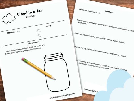 activity sheets for cloud in a jar investigation. Blank space for recording data and drawing observations. Second worksheet with questions for kids to answer. Both overlapping on a wooden background. Pencil on left sheet blue clouds on bottom of right sheet. Cloud In A Jar, Questions For Kids, Blank Space, Blue Clouds, Water Droplets, Activity Sheets, Wooden Background, In A Jar, 6th Grade