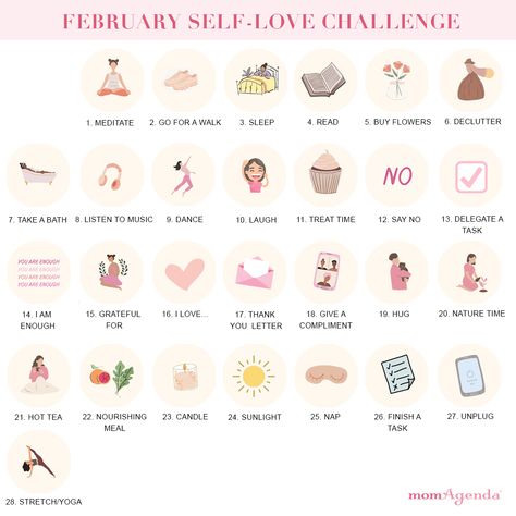 The momAgenda Self-Love February Challenge. Day 8! How are you doing?  ​ Here's how it works: ​1. Each day do 1 thing for your self-care/self-love ​2. Follow along at @momagenda for suggestions each day and comment below the daily post on Instagram or Facebook to keep yourself accountable ​3. 5 WINNERS! On Feb 28th we will announce 5 winners who will receive the momAgenda Self-Care Planner ​ ​Any questions? Let us know. We are so excited to do this with our momAgenda community. Much love 💗 February Self Care Calendar, Self Love February, February Daily Challenge, February Self Love Challenge, Self Care February, Valentine’s Day Self Care, February Things To Do, February Instagram Posts, February Self Care Challenge