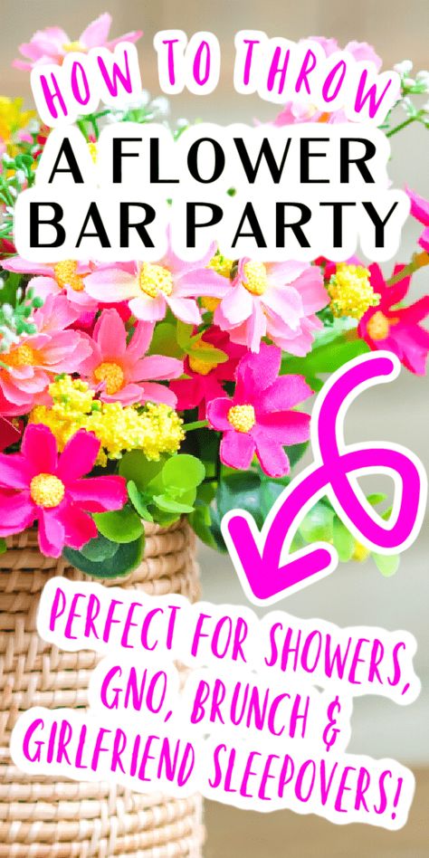 Flower Bar Party (How To Host a DIY Bouquet Bar) Floral Bar Cart, Bridal Shower Flower Cart, June Flower Bouquet, Sleepover Ideas For Adults, Flower Bar Party, Flower Bar Cart, Make Your Own Bouquet Station, Flower Bar Ideas, Diy Bouquet Bar