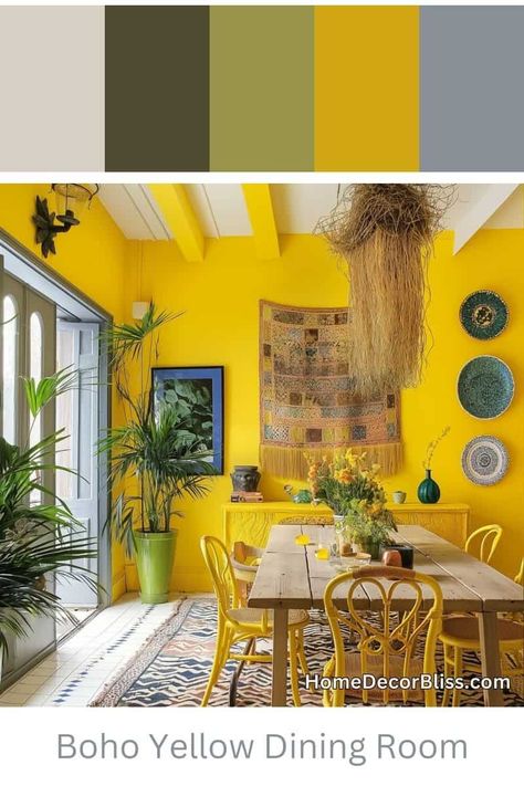 Boho Dining Room: Bold Yellow Walls and Eclectic Decor Yellow Dining Room Walls, Yellow Home Interior, Boho Dining Area, Backdrop Boho, Rustic Wooden Furniture, Yellow Dining Room, Boho Dining Room, Eclectic Dining Room, Room Concept