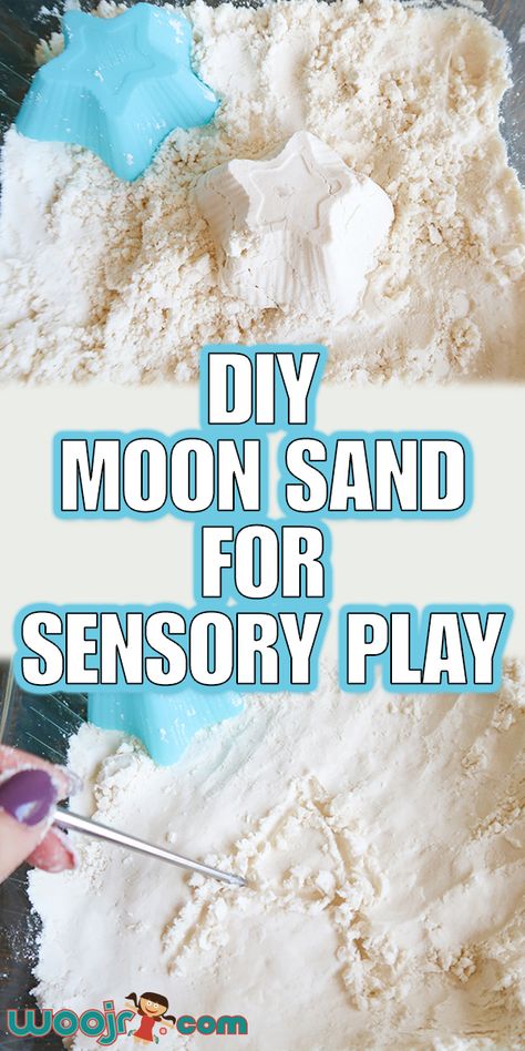 DIY Moon Sand for Sensory Play | Woo! Jr. Kids Activities Amigurumi Patterns, Montessori, How To Make Sand, Diy Moon Sand, Homemade Moon Sand, Diy Kinetic Sand, Diy Moon, Moon Sand, Sand Play