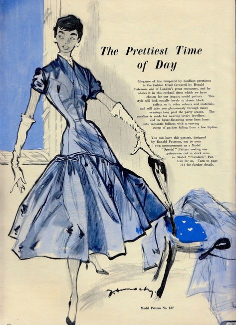 Vintage Clothing Illustration, Blue Fashion Illustration, Old Fashion Design, 1950 Fashion Illustration, Fashion Collection Drawing, 1940s Fashion Illustration, Vintage Fashion Illustration 1950s, 1950s Fashion Sketches, Old Fashion Sketches