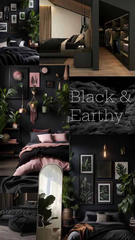 Black bedroom with lots of plants Bedroom Wall Panels, Antique Room Aesthetic, Wall Panels Design, Functional Bedroom, Antique Room, Panels Design, Earthy Home, Dark Home Decor, Goth Home