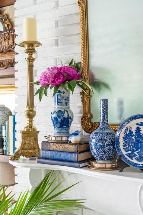 Plates On Mantel, Chinoiserie Mantel Decor, Blue And White Fireplace Decor, Blue And White Mantel Decor, How To Decorate A Mantel Living Rooms, Traditional Mantel Decorating Ideas, Fireplace Decor Traditional, Styling A Fireplace Mantle, Traditional Fireplace Decor