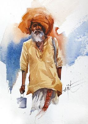 Tela, Watercolor Painting Of People, Watercolor Indian Paintings, Composition Watercolor Painting, Watercolor Figure Drawing, Human Watercolor Painting, India Watercolor Painting, Watercolor Portraits Indian, Watercolor Art Indian