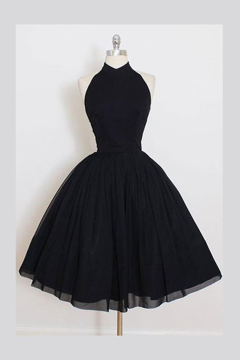 Black Sleeveless Homecoming Simple Halter Party Dresses Tea Length Graduation Dress