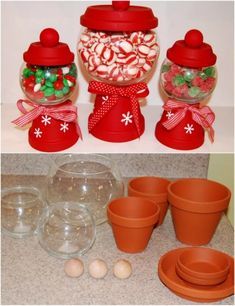 Pot Christmas Decorations, Julkransar Diy, Christmas Candy Jars, Christmas Clay, Simple Christmas Decor, Clay Pot Crafts, Homemade Christmas Gifts, Clay Pot, Holiday Diy