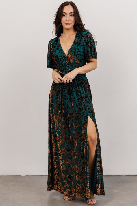 Uma Velvet Maxi Dress | Bronze + Jade | Baltic Born Winery Wedding Guest Dress, Embossed Dress, Fitted Maxi Skirt, Sparkle Gown, Church Fits, Green Wedding Dresses, Dress Sage, Emerald Dresses, Luxurious Dresses