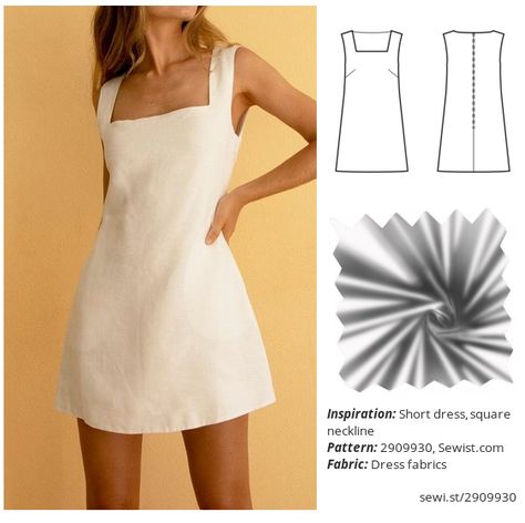 Simple Short Dress Pattern, Square Neckline Sewing Pattern, Reformation Sewing Pattern, Sew Square Neckline, Simple Mini Dress Pattern, Minimalist Outfit Dress, Basic Dress Sewing Pattern, Linen Mini Dress Pattern, Beach Dress Pattern Sewing