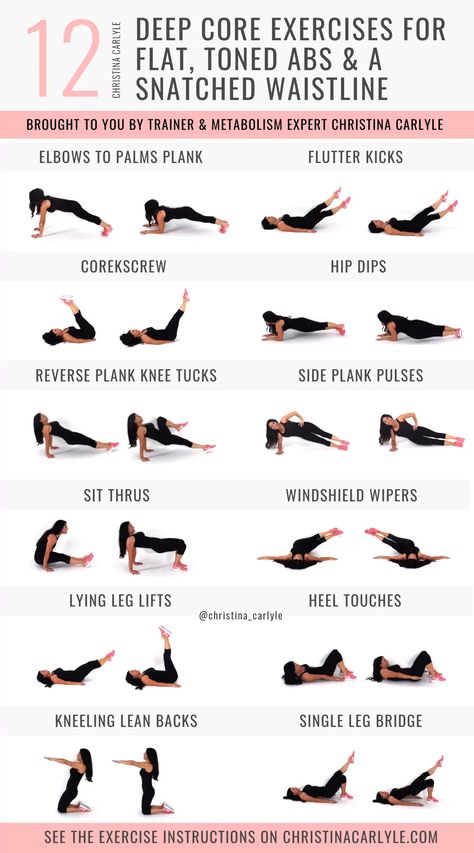 Core Exercises, Deep Core Exercises, Christina Carlyle, Lying Leg Lifts, Single Leg Bridge, Heel Touches, Hips Dips, Flutter Kicks, Workout Without Gym