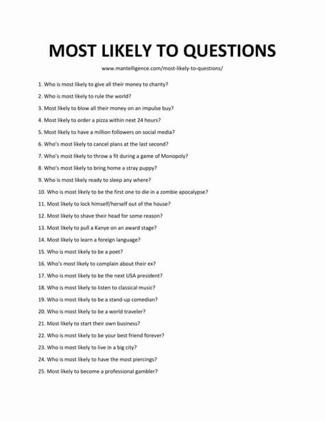 Who Would Most Likely Questions Couples, Who Most Likely To Questions Couples, Who’s Most Likely Questions For Friends, Who Is Most Likely To Questions Friends, Couple Questions Game Funny, Besties Questions Game, Fun Game Questions, Most Likely To Questions Best Friends, Whos More Likely To Questions Best Friends