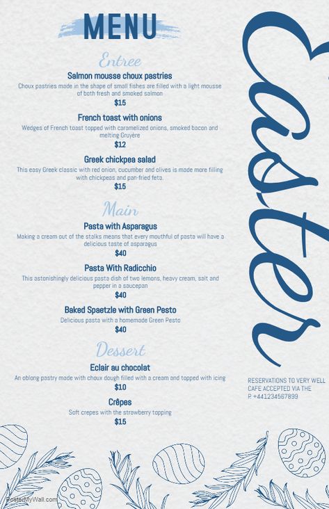 Blue Modern cafe restaurant Easter Menu template Greek Restaurant Menu Design, Greek Menu, Greek Restaurant, Menu Layout, Easter Menu, Invert Colors, Menu Design Template, Modern Cafe, Greek Restaurants