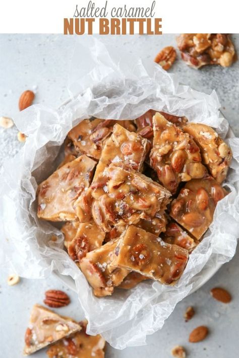 This salted caramel nut brittle is a great holiday treat or edible gift! Brown Sugar Fudge, Nut Brittle, Completely Delicious, Almond Brittle, Brittle Recipes, Candy Treats, Peanut Brittle, Candied Nuts, Edible Gifts